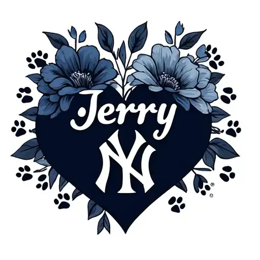 heart with navy blue flowers, paw prints the name Jerry and the Yankees logo in the middle  tattoo design idea