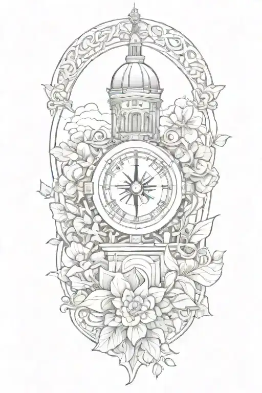 tattoo featuring roman buildings, and navigation compass surrounded by flowers and vines tattoo design idea