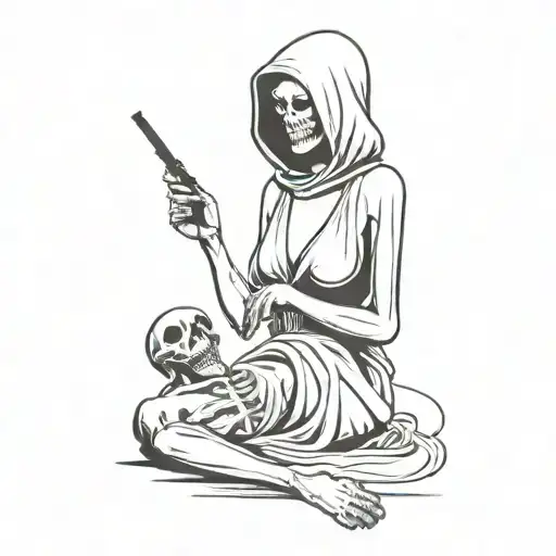 woman smoking a meth pipe with the grim reaper standing behind her tattoo design idea