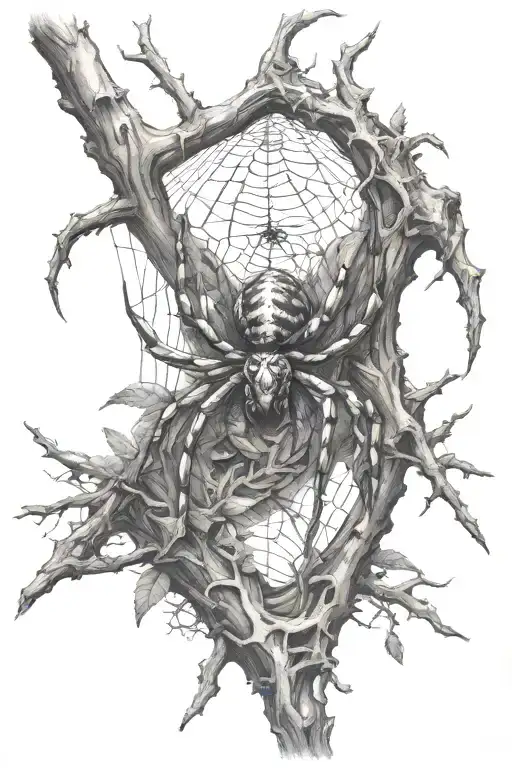Spider hanging upside on Thorn branches tattoo design idea