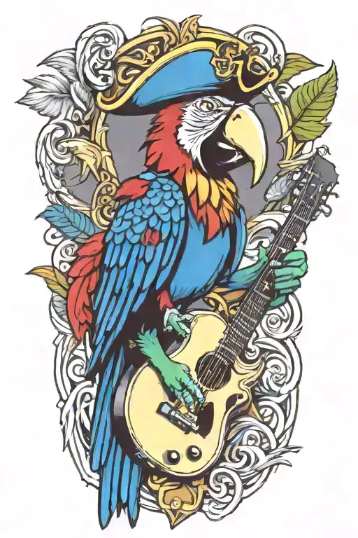 parrot pirate hat perched on guitar tattoo design idea
