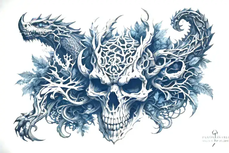 dragon skull, intertwined with forest elements tattoo design idea