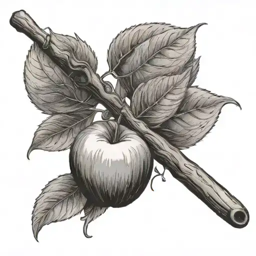 a wooden spoon where the handle turns into an apple tree branch with one apple that is cut in half on it tattoo design idea