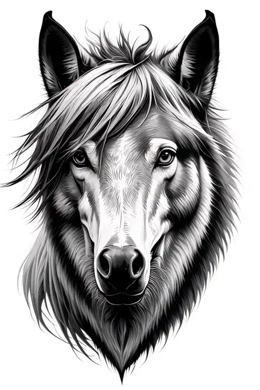 half fresian horse head half wolf head  tattoo design idea