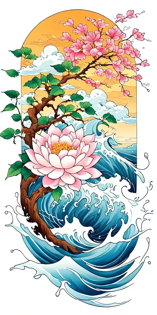 jaoanese pattern, tree, splash, water, waves, lotus, sakura, clouds, whirlpool, leaves, peony, sunset tattoo design idea