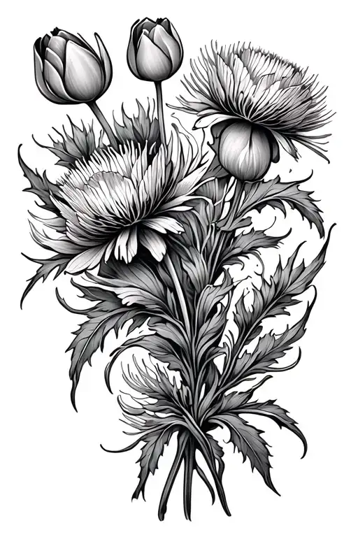 thistles and tulips thin and slender intertwined along upper leg  tattoo design idea