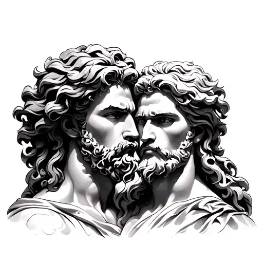 A tattoo design featuring Zeus and Apollo inspired by Greek mythology, with elements of Roman history and Italian gods  tattoo design idea