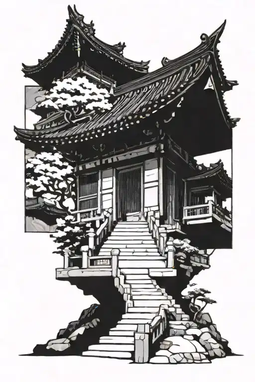 japanese temple with stairwell tattoo design idea