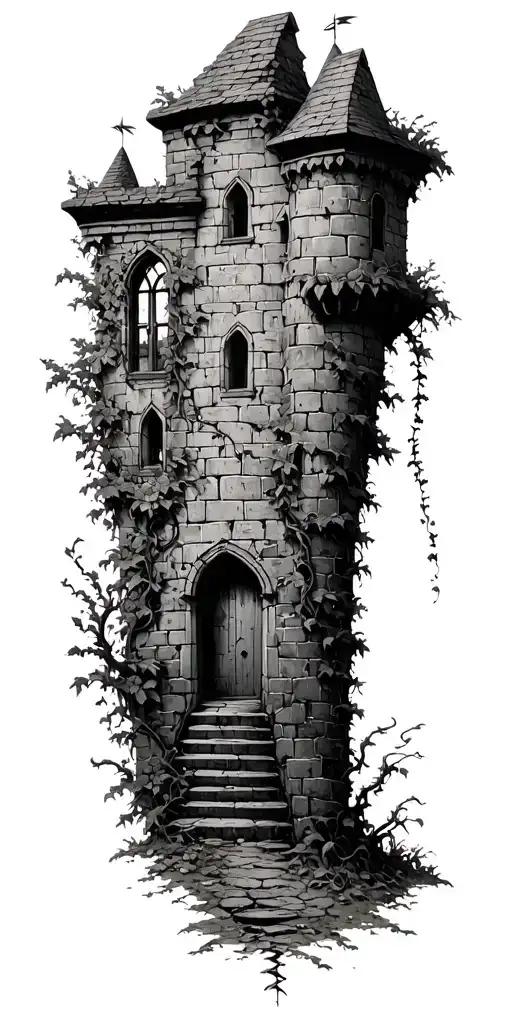 abandoned castle wall sleeve with windows and a door near the wrist. lots of vines hoeing up the walls  tattoo design idea