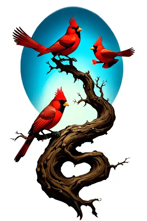 twisting tree with 3 cardinals flying off it tattoo design idea