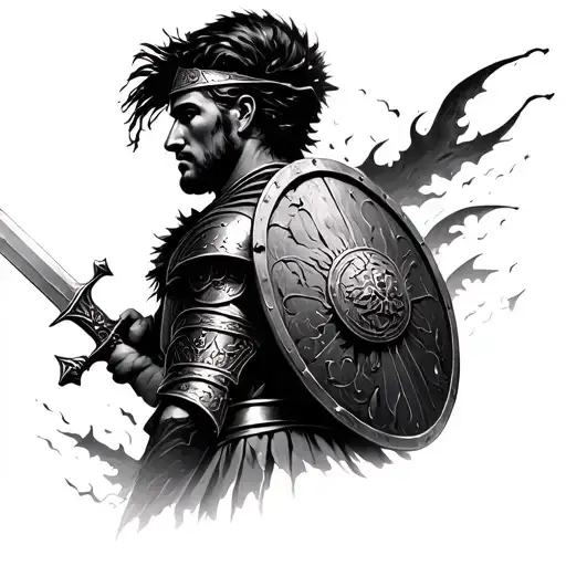 Roman Soldier in profile facing to the right with sword and shield fighting dark spirits tattoo design idea