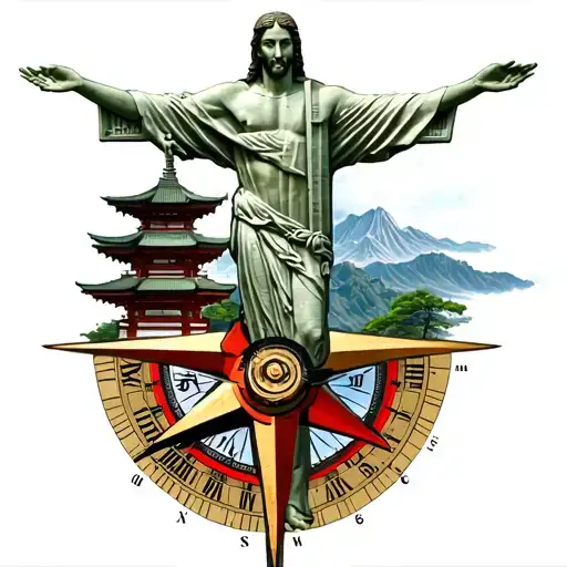 crazy compass rose pose with black belt around waist christ the redeemer and japanese temple on each side tattoo design idea