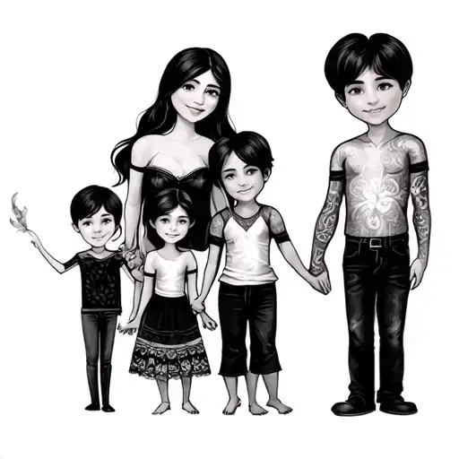 A sleve tattoo that has a Family with 2 boys and a wife and husband and the one boy is 9 and the other is 11 and  tattoo design idea