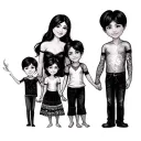 A sleve tattoo that has a Family with 2 boys and a wife and husband and the one boy is 9 and the other is 11 and  tattoo design idea