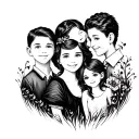 A sleve tattoo that has a Family with 2 boys and a wife and husband and the one boy is 9 and the other is 11 and  tattoo design idea