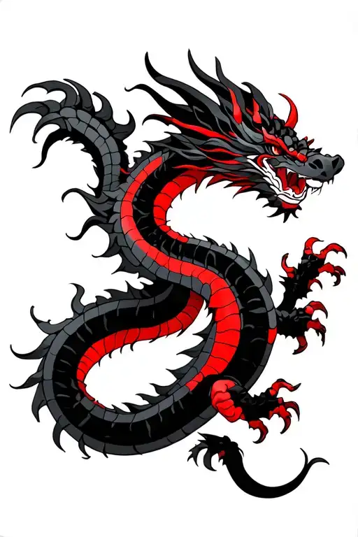A long, black and red japanese dragon that has thin lines and is dainty. tattoo design idea