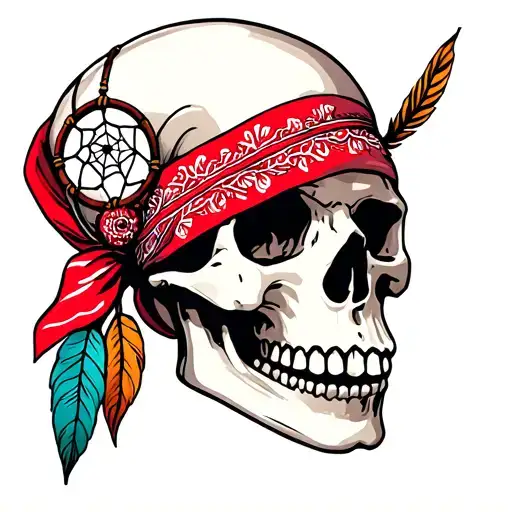 red bandana wrapped around a skull with a dream catcher  tattoo design idea