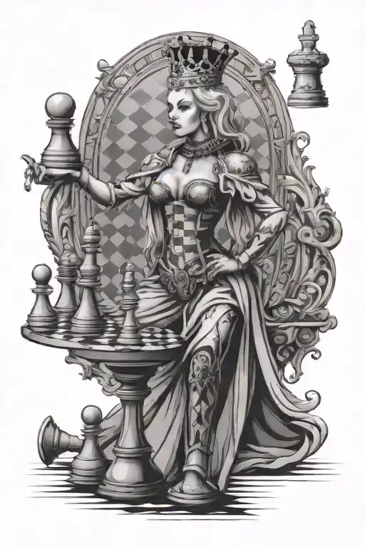Queen standing tall on a Chess Board surrounded by her pieces tattoo design idea
