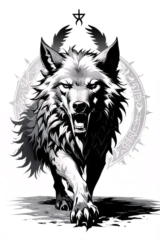 fenrir walking forward runes above head tattoo design idea