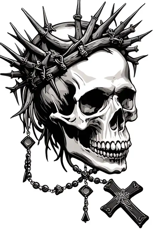 skull with thorn crown surrounded by crosses with rosary's  tattoo design idea