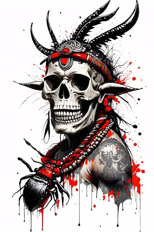 polynesian warrior skull wear a necklace made of bull ants tattoo design idea