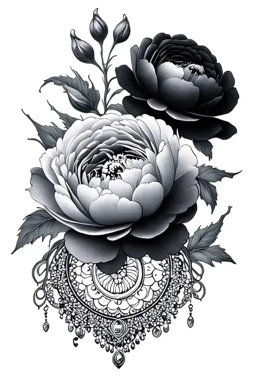 two black and gray peonies with embedded mandala at the bottom and hornomental jewelry tattoo design idea