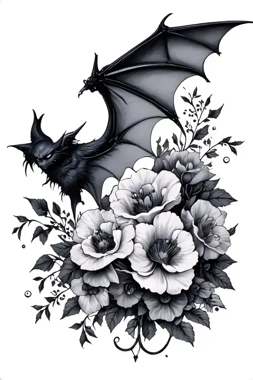 Gothic Bat and flowers wrapping tattoo design idea
