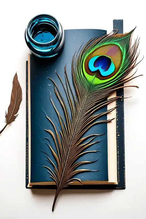 a peacock feather quill next to an open book and a ink jar tattoo design idea