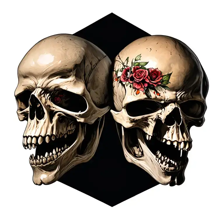 Two Skulls joined from the back pulling away from each other with mouths opened tattoo design idea