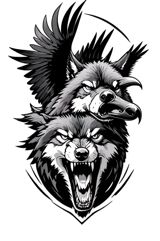 angry wolf and raven soaring tattoo design idea