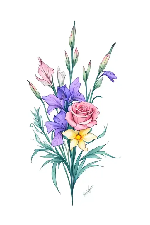 dainty bouquet of gladiolus, sweet pea, rose, daffodil with a little bit of color tattoo design idea