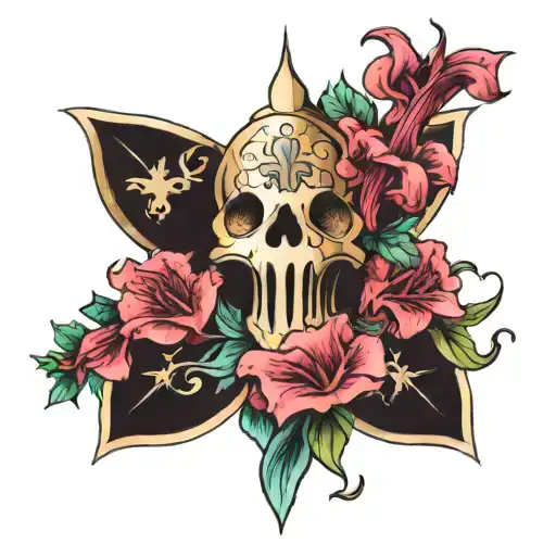 A fleur the lis as teh centerpiece with a vaporwave style, some geometric lines and the tomb of Giuliano de' Medici tattoo design idea