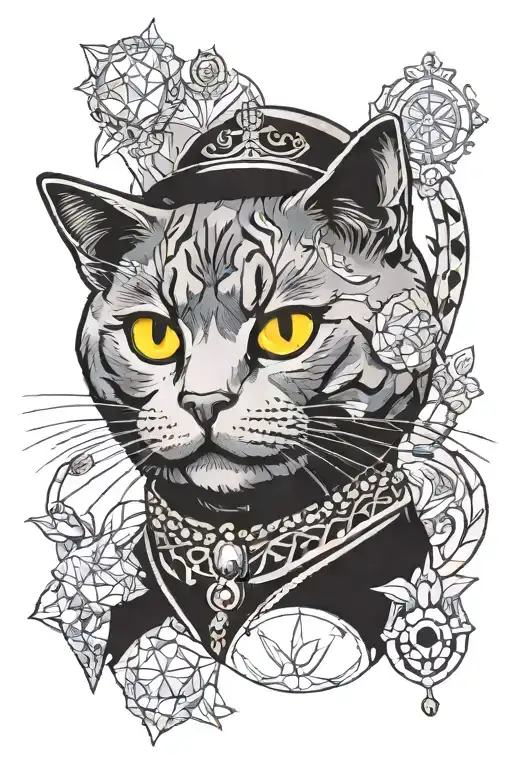 Cute British shorthair blue cat, big black pupils, bright yellow eyes, male cat, McDonald's elements, diamonds, sun tattoo design idea