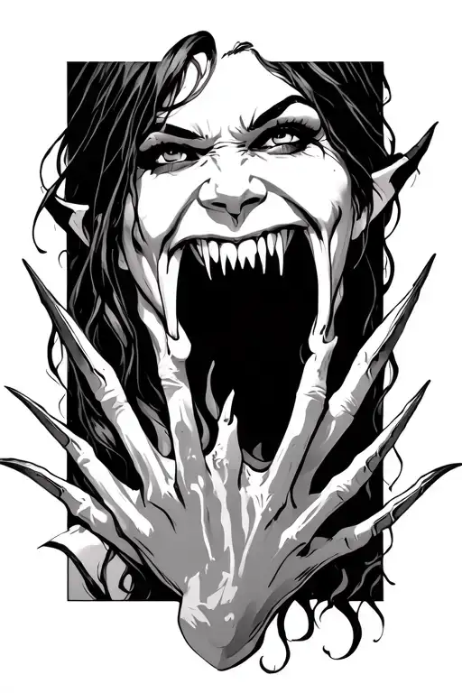vampire woman with long claws and long canines fangs smirking tattoo design idea
