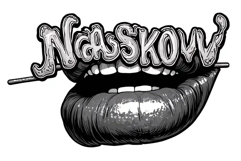 letters "naskov" in a kebab stick with a girls mouth biting on it tattoo design idea