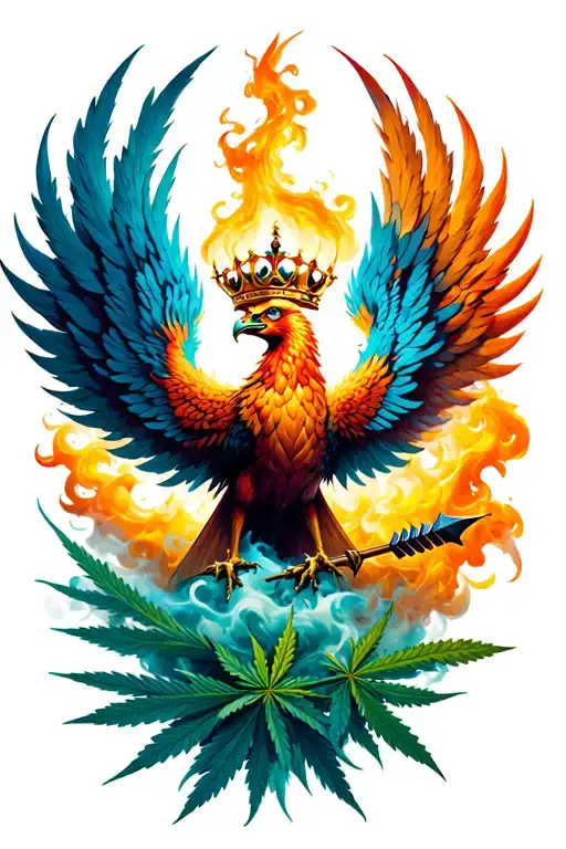 Phoenix being blown from weed smoke with 3 eyes and a crown catching an arrow in its mouth tattoo design idea
