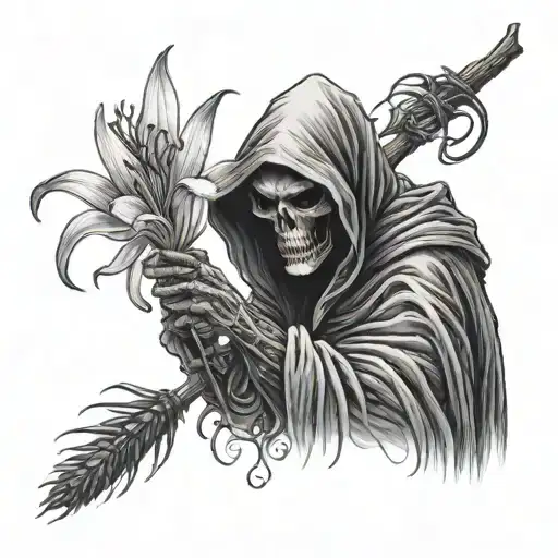 A photorealistic tattoo of a grim reaper holding and looking at a small spider lily tattoo design idea