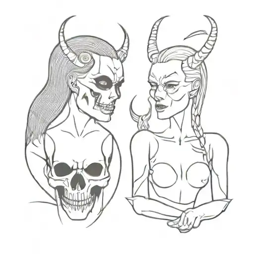 cursed and skull and woman and devil and tattoo design idea