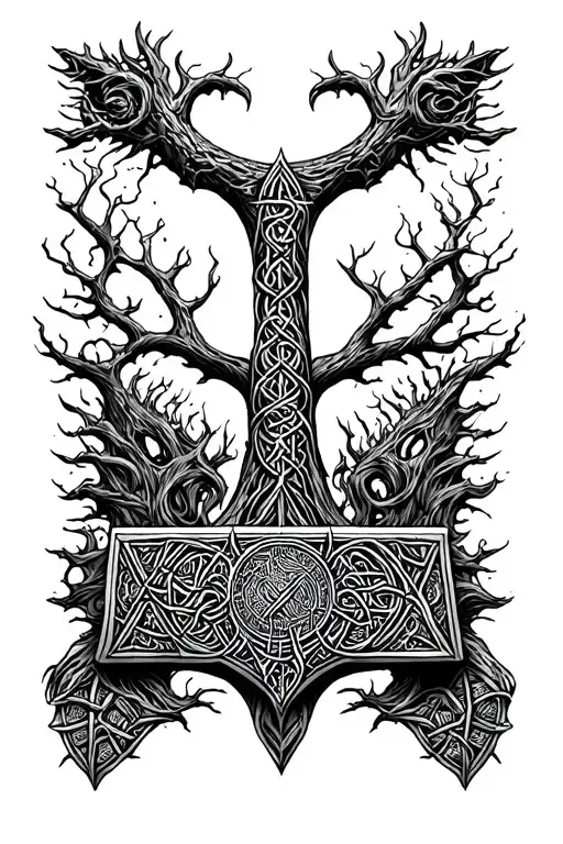 ygdrassil mjolnir vegvisir celts world map tattoo design idea