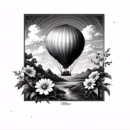 hot air balloon landscape flowers tattoo design idea