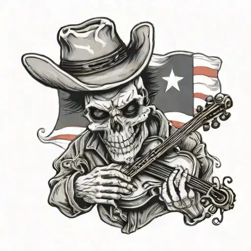 skull cowboy playing a fiddle with Texas flag intertwined tattoo design idea