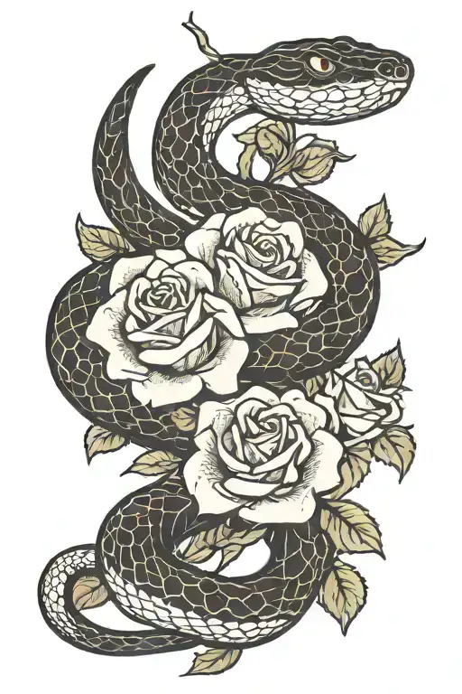 snake and roses blooming tattoo design idea