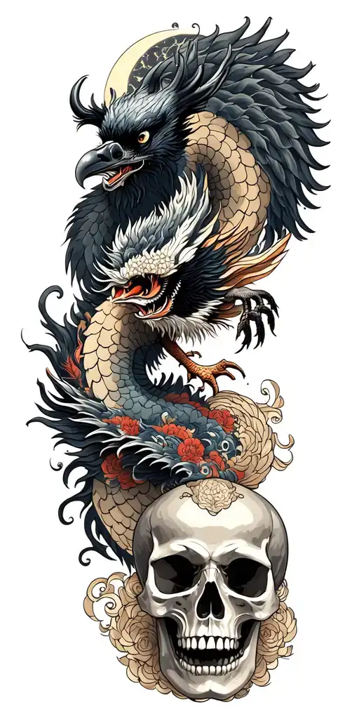 Chinese dragon and phoenix and skull and moon and raven tattoo design idea