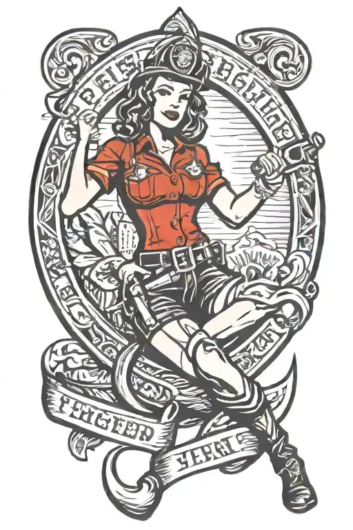firefighter pin up girl holding New York hook tattoo design idea