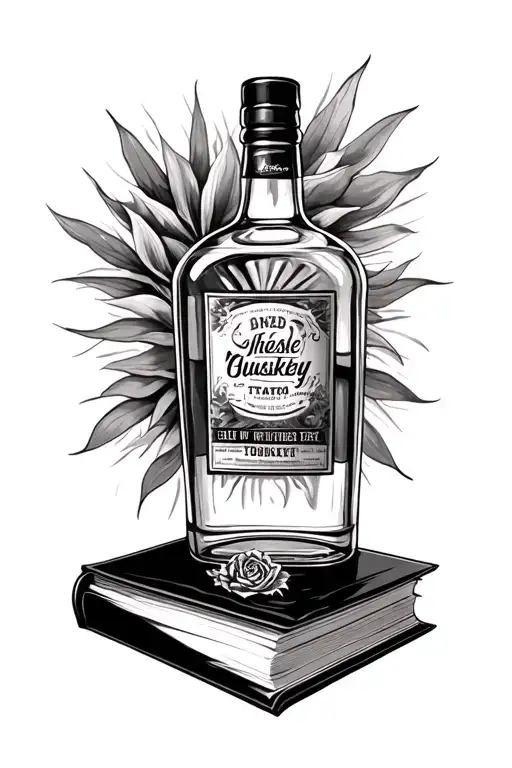 whiskey bottle sitting on a black book tattoo design idea