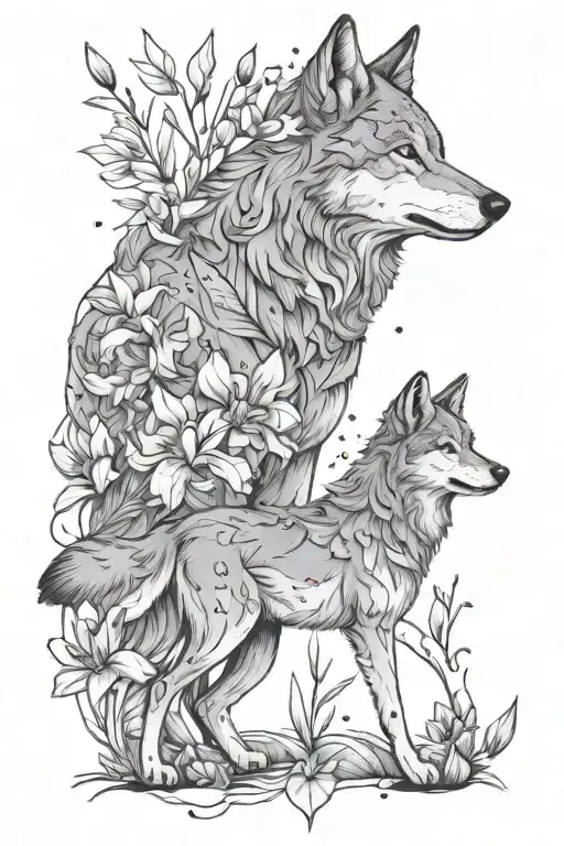 wolf and her pup surrounded by trees and iris flowers and pieces constellation  tattoo design idea