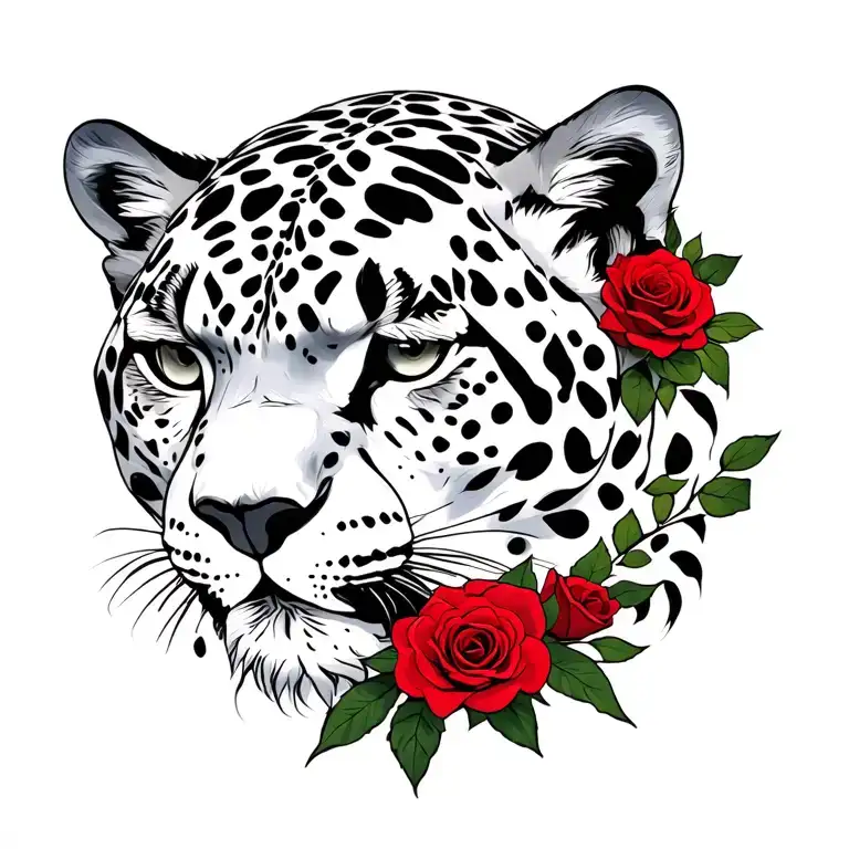white snow leopard with red roses intertwined tattoo design idea