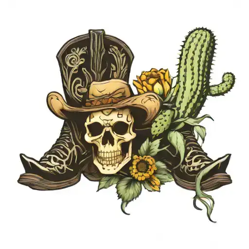 sunflower skull cowboy boot cactus tattoo design idea