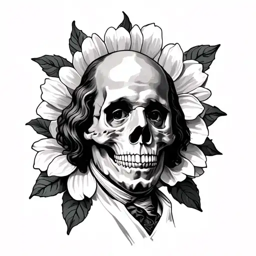 Benjamin Franklin Half Skull Face Money Flower tattoo design idea