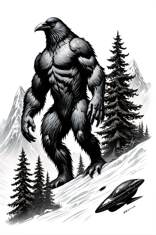 Bigfoot mountains trees spaceship alien crow tattoo design idea